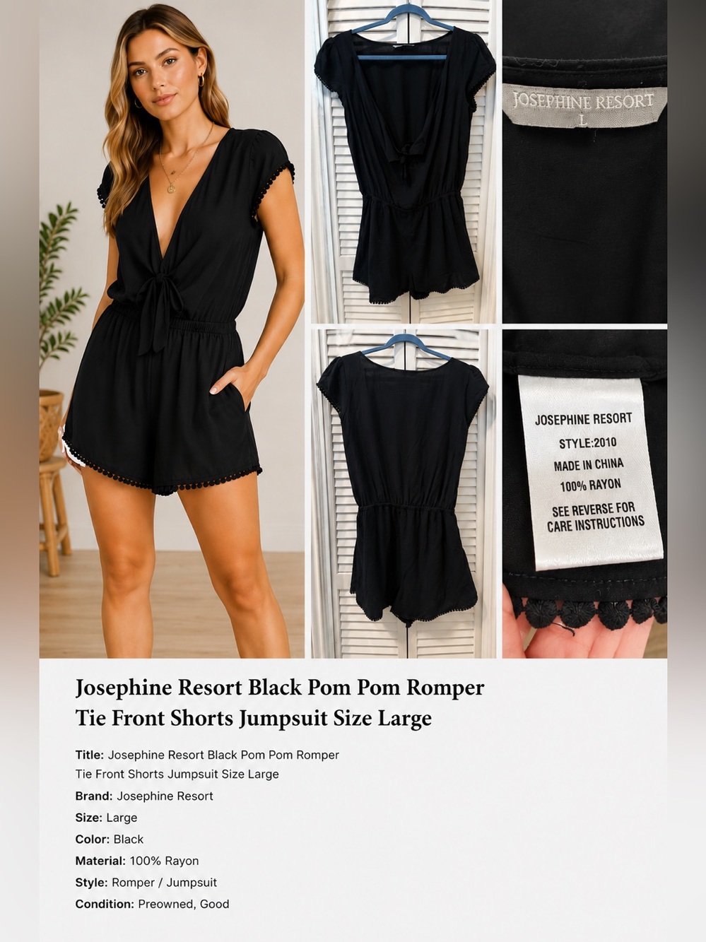 Josephine Resort Black Tie Front Romper Pom Pom Trim Deep V Cover Up Size Large